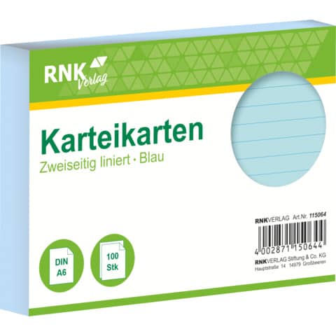 Karteikarte, A6, 170g/m², liniert, 100 Stück, blau RNK 115064