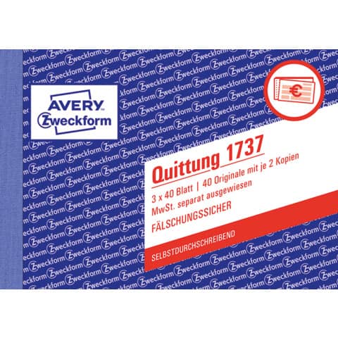 Quittung MwSt. separat ausgewiesen, A6 quer, selbstdurchschreibend, 3x40 Blatt AVERY ZWECKFORM 1737