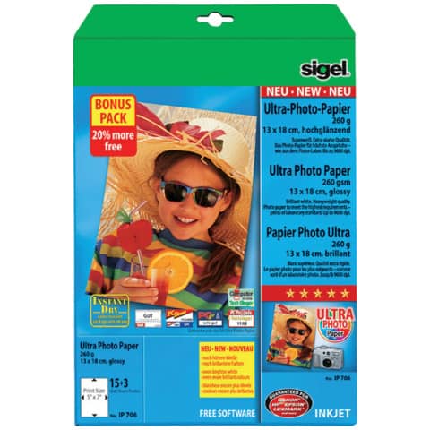 Inkjet Fotopapier Ultra, 13 x 18cm, 260g/m², 18 Blatt, hochglanz SIGEL IP706