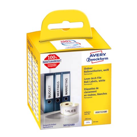 Rollen-Etiketten permanent, 59x190mm, 110 Stück, weiß AVERY ZWECKFORM AS0722480