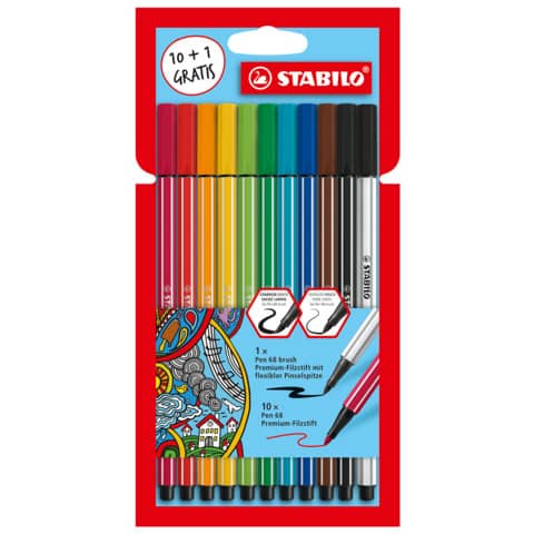 Faserschreiberetui 10ST 68er sortiert   und 1 Pen 68 brush STABILO D87/3321