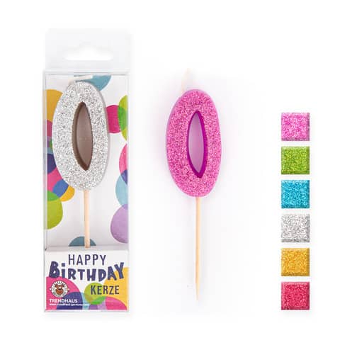 Geburtstagskerze Mini Glitter Zahl 0, farbig sortiert BIRTHDAY FUN 957702