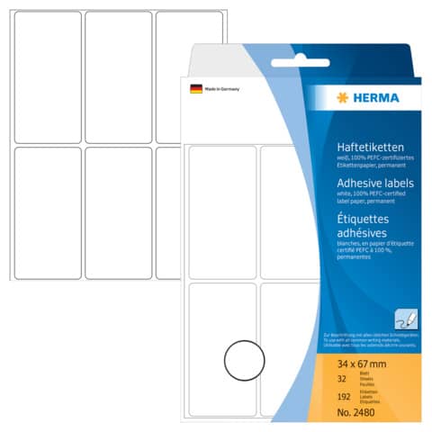 Etiketten permanent, 34x67mm, 192 Stück, weiß HERMA 2480