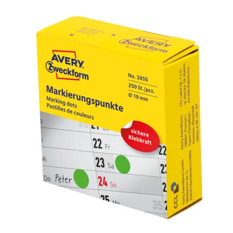 Markierungspunkte, Ø19mm, 250 Stück, grün AVERY ZWECKFORM 3855