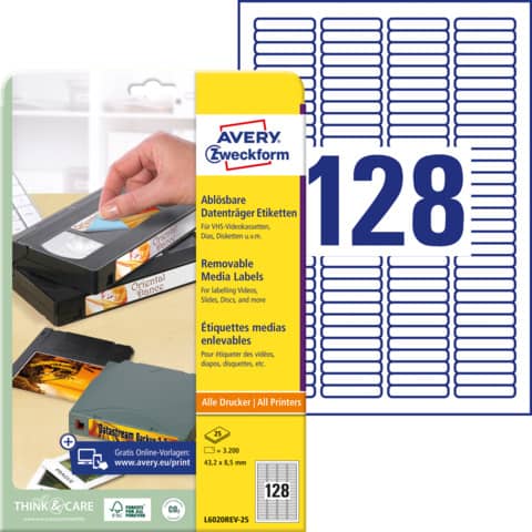Etiketten für Dias, 43,2x8,5mm, 3200 Stück, weiß AVERY ZWECKFORM L6020REV-25