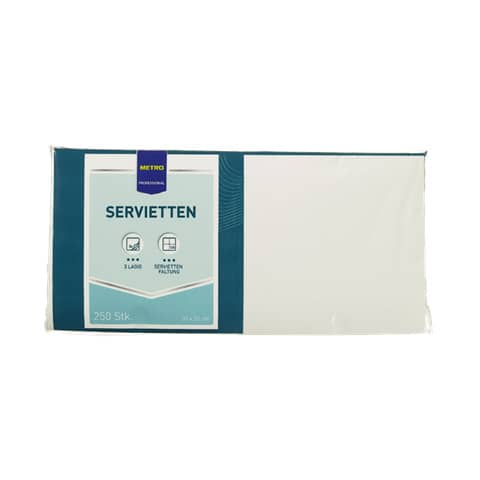 Servietten Zellltuch, 33 x 33 cm, 3-lagig, 250 Stück, weiß METRO PROFESSIONAL 912898