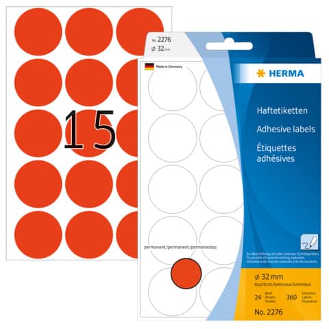 Etiketten permanent, Ø32mm, 360 Stück, leuchtrot HERMA 2276