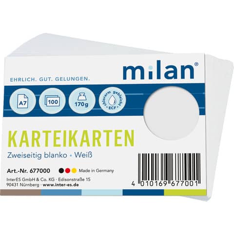 Karteikarte, A7, 100 Stück, blanko, weiß MILAN 677000