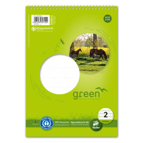 Spiralblock, A5, 70g/m², 40 Blatt, Lin.2, liniert STAUFEN GREEN 040740002