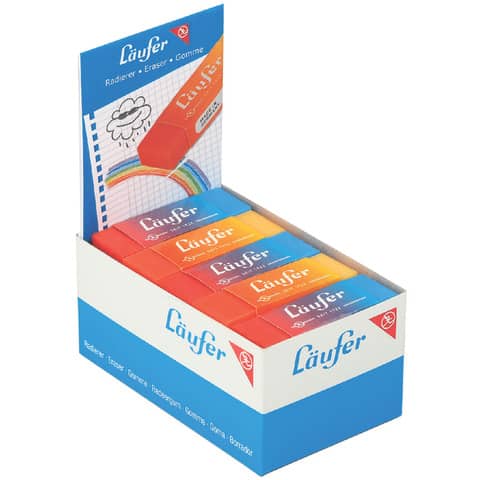 Radierer Plast Color, Kunststoff, 65x21x12 mm, zweifarbig, mit Banderole LÄUFER 12005