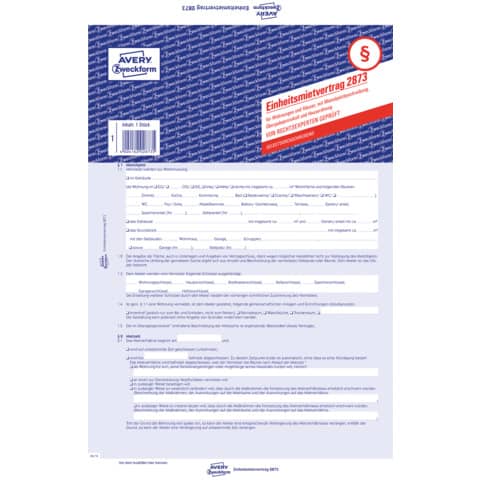Einheitsmietvertrag für Wohnungen und Häuser, mit Übergabeprotokoll & Hausordnung, A4, 5-seitig AVERY ZWECKFORM 2873