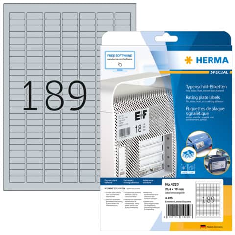 Typenschild-Etiketten extra stark, 10x25mm, wetterfest, 4725 Stück, silber HERMA 4220