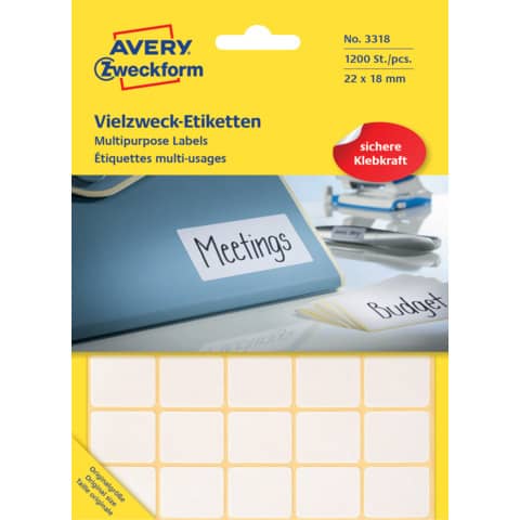 Vielzwecketiketten, 22x18mm, 1200 Stück, weiß AVERY ZWECKFORM 3318