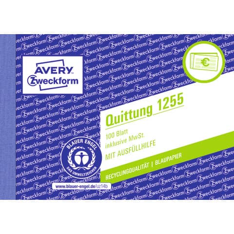 Quittung inkl. MwSt., A6 quer, Recycling-Papier, 100 Blatt AVERY ZWECKFORM 1255