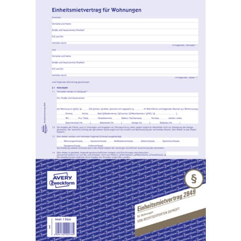 Einheitsmietvertrag für Wohnungen, A4, 4-seitig AVERY ZWECKFORM 2849
