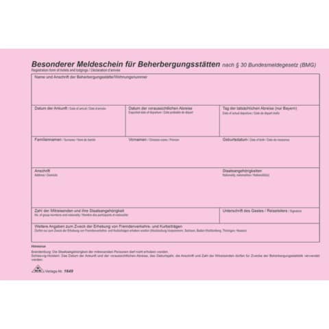 Fremdenmeldeblock neutral, A5 quer, 100 Blatt RNK 1649