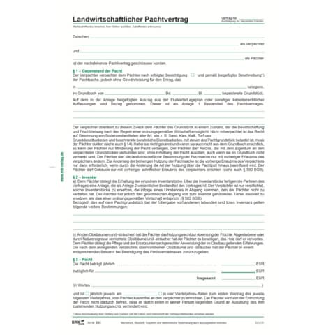 Pachtvertrag landwirtschaftlicher Pachtvertrag, DIN A4, 4 Blatt RNK 555