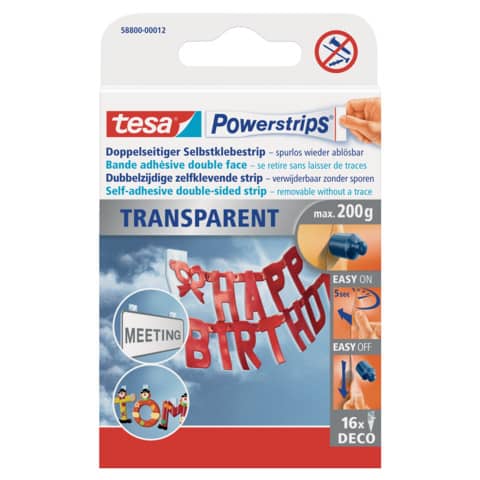 Klebestück Powerstrips® Deco, 15x81mm, 16 Stück, transparent TESA 58800-00012-03