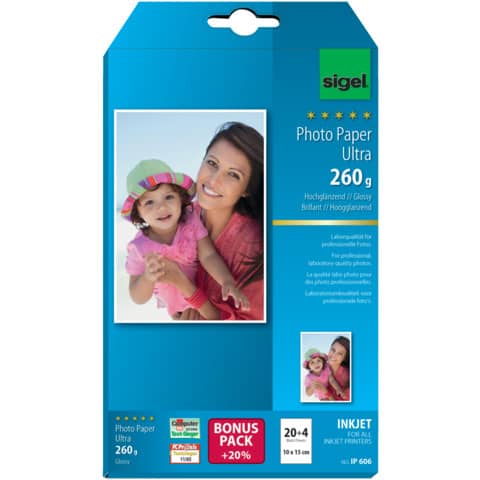 Inkjet Fotopapier Ultra, 10 x 15cm, 260g/m², 24 Blatt, hochglanz SIGEL IP606