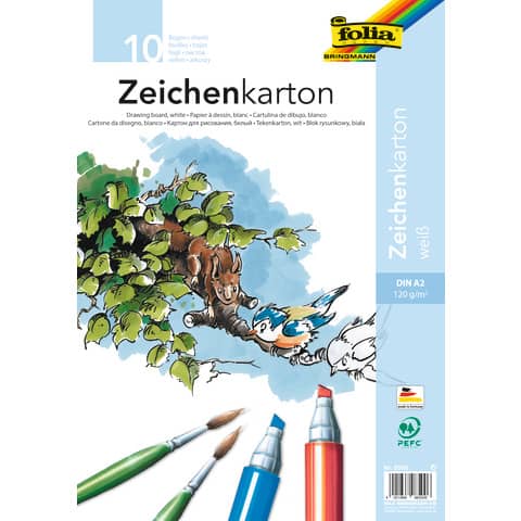 Zeichenkarton, A2, 120g/m², 10 Bogen, weiß FOLIA 8500