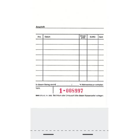 Kassenblock für Registrierkassen - mit Nummerierung, 96 x 175mm, 2 x 50 Blatt RNK 2953