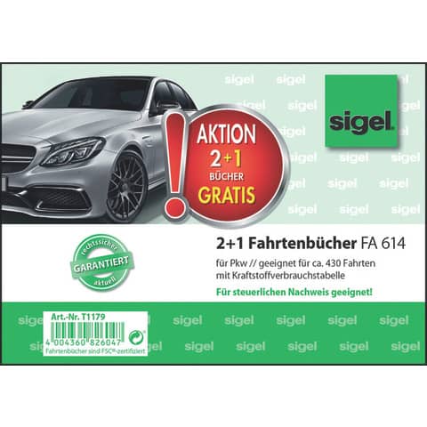 Fahrtenbuch PKW, A6, 40 Blatt, 3 Stück SIGEL T1179