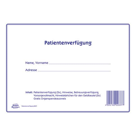 Patientenverfügung, 220x163mm AVERY ZWECKFORM 2837