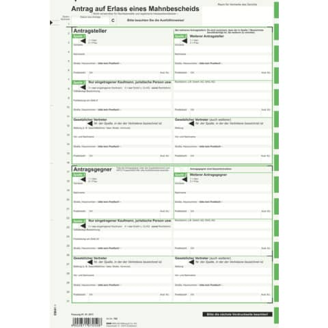 Antrag auf Erlass eines Mahnbescheids neutral, für Laserdrucker, DIN A4, 2 Blatt RNK 705L