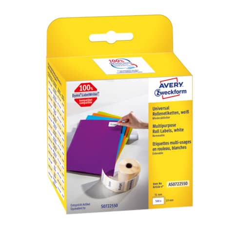 Rollen-Etiketten ablösbar, 19x51mm, 500 Stück, weiß AVERY ZWECKFORM AS0722550