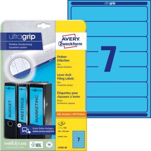 Ordner-Etiketten mit ultragrip, 38x192mm, 140 Stück, blau AVERY ZWECKFORM L4763-20