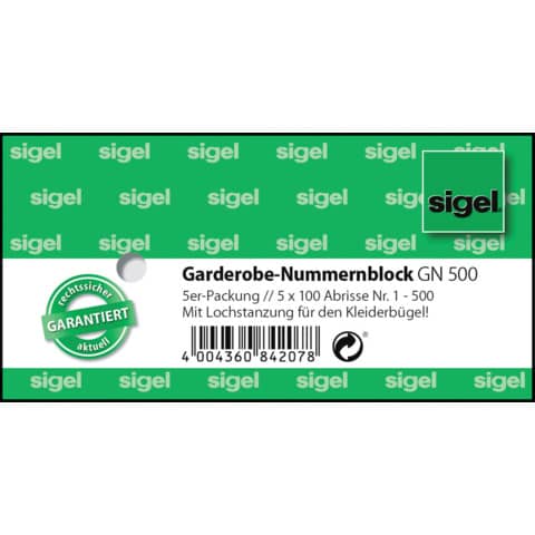 Garderobenblock 1-500, farbig sortiert SIGEL GN500