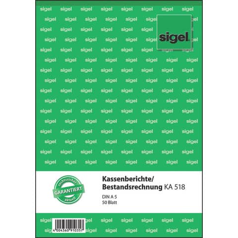 Kassenbericht mit Bestandsrechnung, A5, 50 Blatt SIGEL KA518