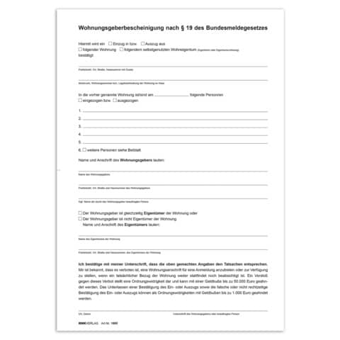 Wohnungsgeberbescheinigung nach § 19 Bundesmeldegesetz (BMG), DIN A4 RNK 1665