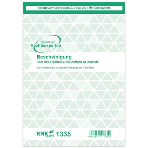 Block Bescheinigung Selbsttest, A5, 80g/m², 50 Blatt RNK 1335
