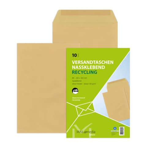 Versandtasche gummiert, B4, 130g/m³, Nassklebend, 10 Stück, braun MAILMEDIA 30002554