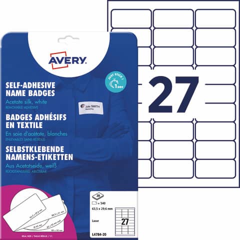 Namensetiketten, 63,5x29,6mm, 540 Stück, weiß AVERY ZWECKFORM L4784-20