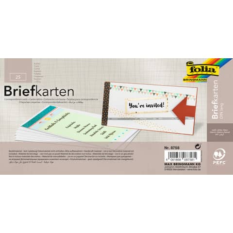 Briefkarte, DIN lang, 190g/m², 25 Stück, weiß FOLIA 8758