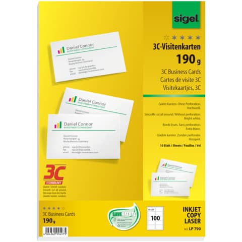 Visitenkarten 3C, A4, 190g/m², 100 Stück, blanko, weiß SIGEL LP790